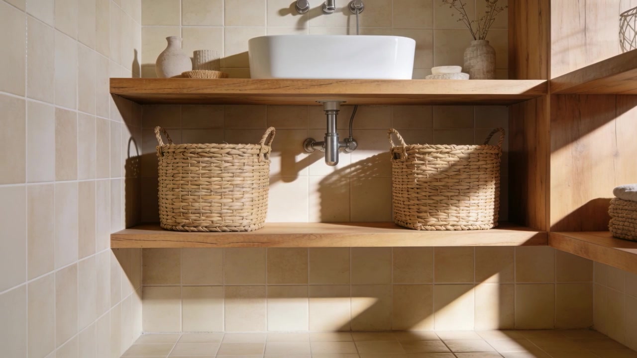 Sunbeam moving, shelves showing shifting light on sink and baskets in bathroom highlighting texture