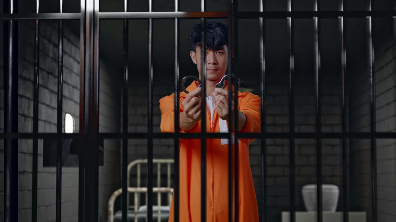 prisionero masculino asiático mostrando las esposas a la cámara mientras está de pie en la cárcel