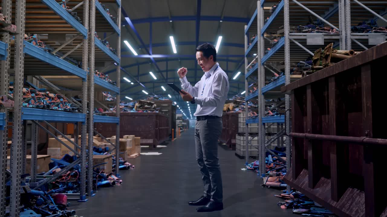 Vista laterale a figura intera di un lavoratore professionista asiatico in piedi con il suo tablet, in un magazzino industriale di rottami metallici e riciclo, alza il pugno in alto gridando vittoria.