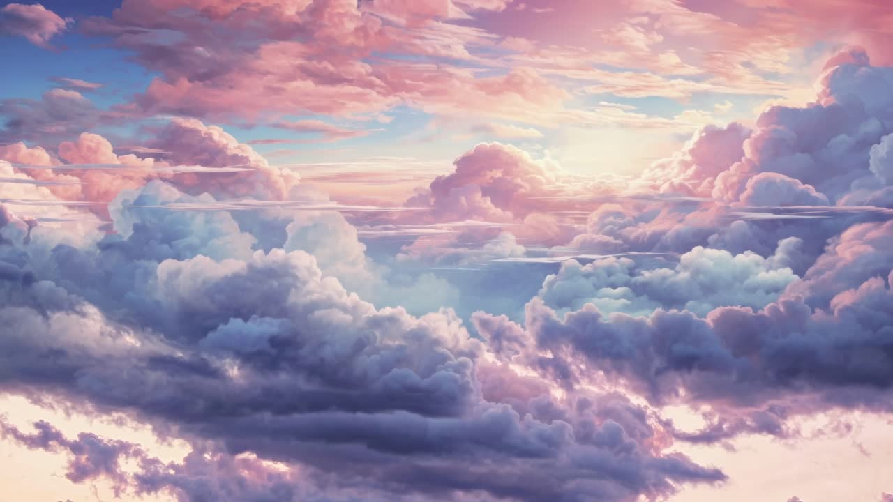 Un cielo da sogno color pastello con nuvole soffici al tramonto, catturato da una prospettiva dal basso verso l'alto