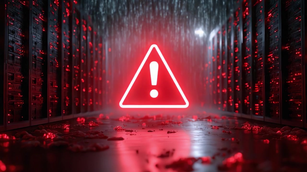 A stark warning in a dark, high-tech server room illuminated by red lights and a glaring hazard sign, signaling critical conditions amidst electronic chaos and water.