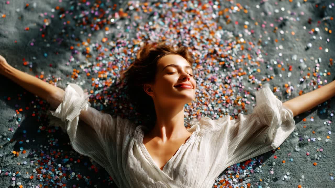 A Blissful Moment of Joy: A Woman Embracing Happiness Surrounded by Colorful Confetti, Radiating Positivity and Serenity in a Playful Setting of Celebration and Delight