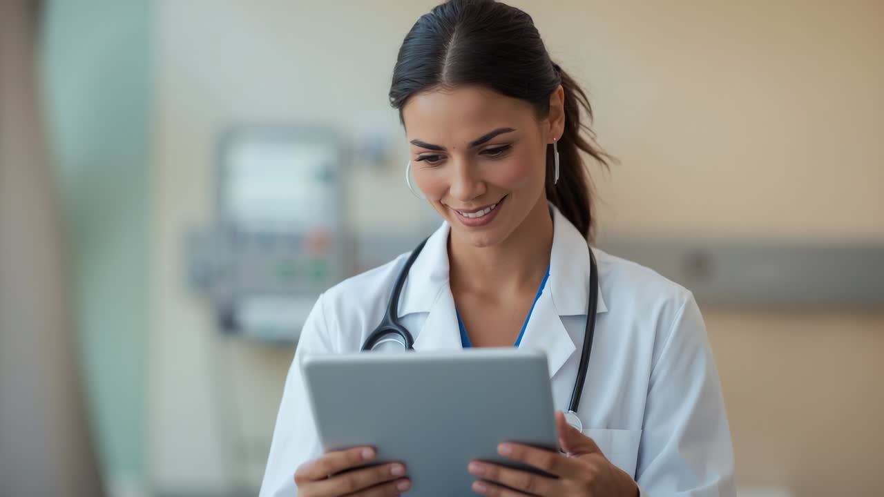 Entering frame, female doctor holding tablet scrolling patient data in clinic with stethoscope