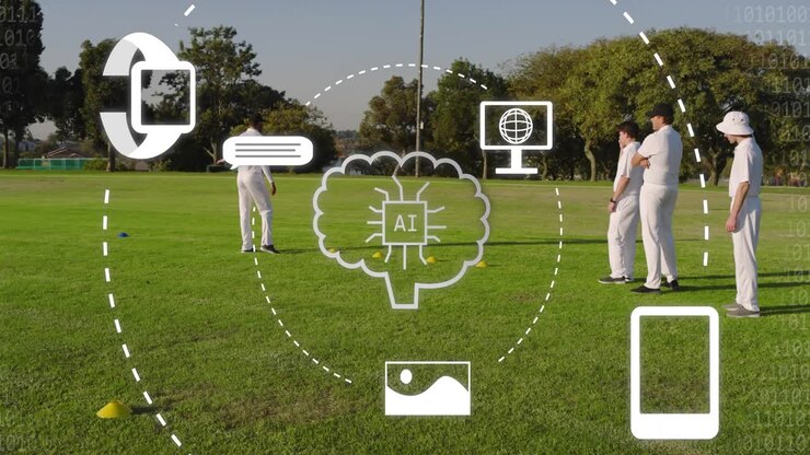 Quattro giocatori maschi vicino al segnaposto, che si muovono e generano espansioni della tecnologia IA in sovrapposizione durante l'allenamento