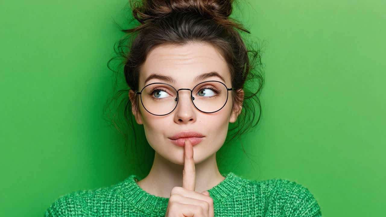 A young woman with a playful expression holding a finger to her lips against a vibrant green background, embracing a moment of curiosity and contemplation