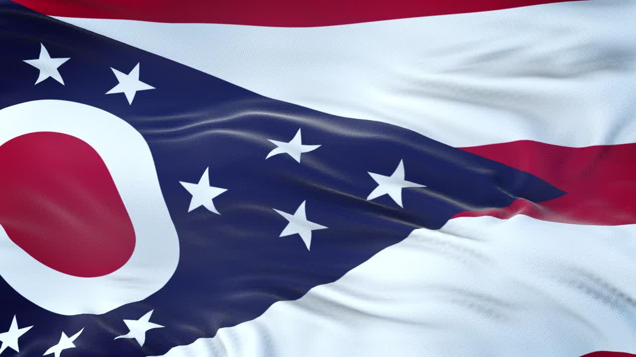 Ohio (U.S. state) flag waving in the wind with highly detailed fabric texture. Seamless loop