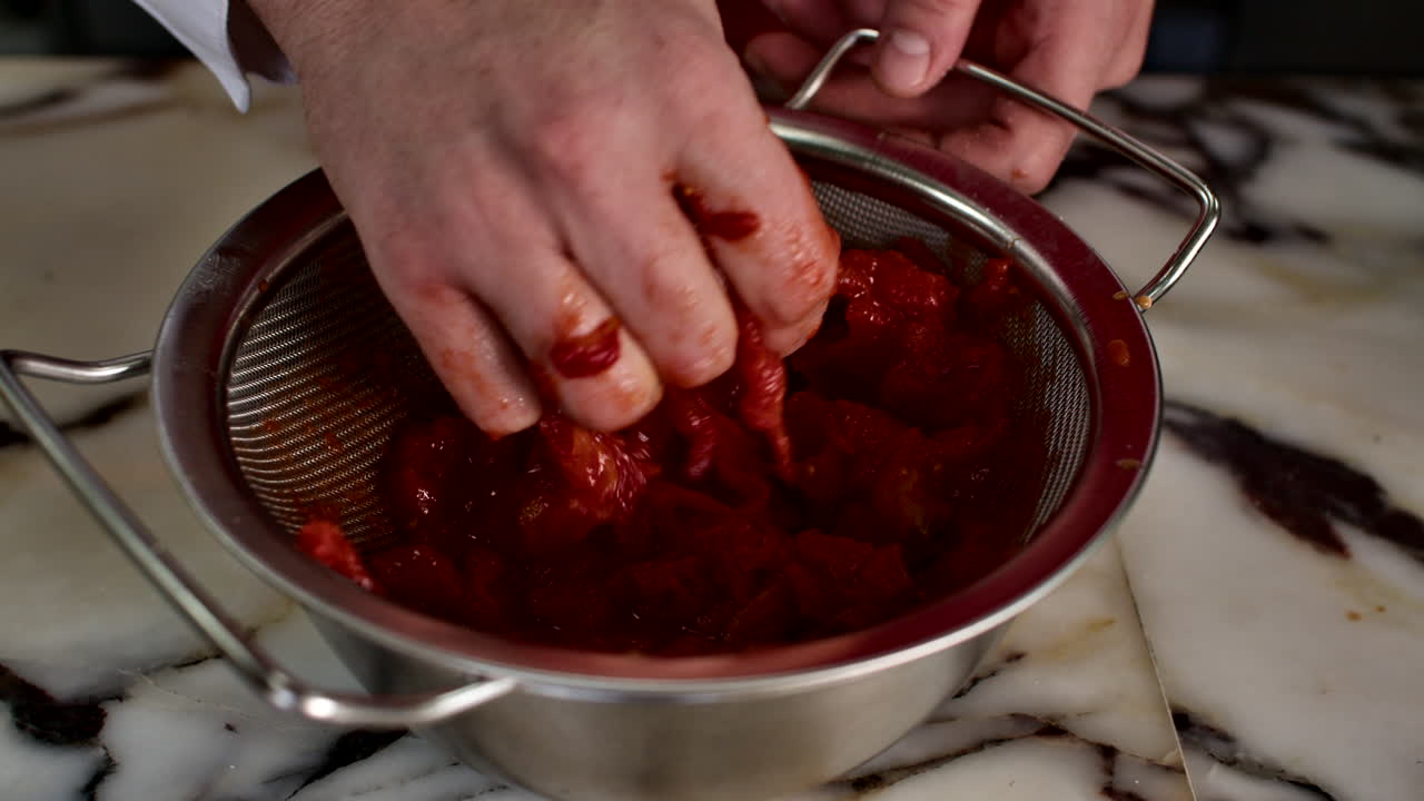 Close-up of a chef's hands crushing whole peeled tomatoes in a stainless steel bowl for a Mediterranean sauce. Professional culinary technique