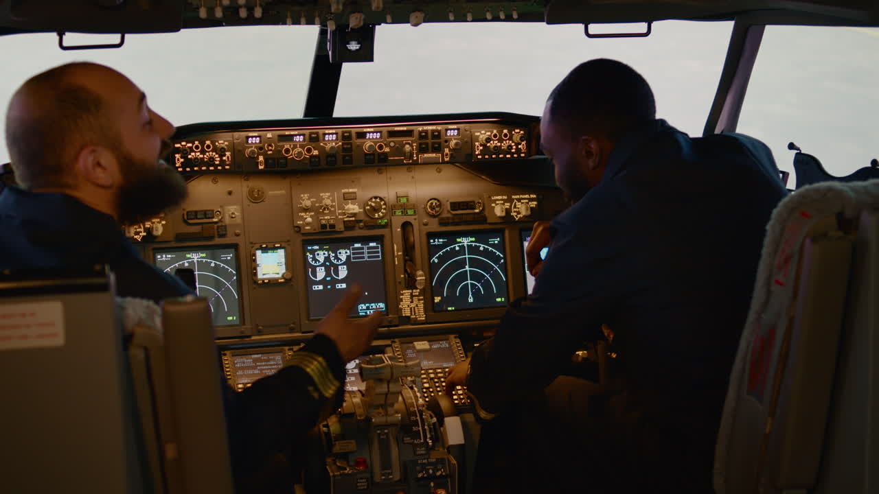 Diverse team of captain and copilot preparing to takeoff