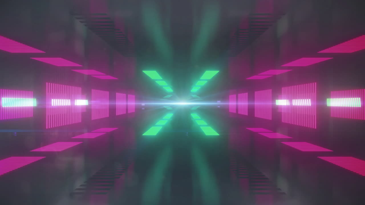 Animazione di tunnel di luce in movimento rosa e verde su sfondo scuro.