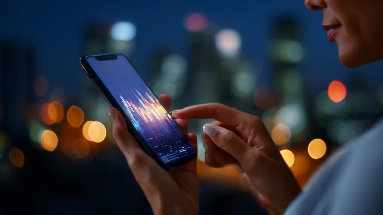 Primo piano di una persona con uno smartphone che mostra grafici finanziari, sullo sfondo di uno splendido skyline notturno con luci sfocate e attenzione concentrata sull'analisi dei dati