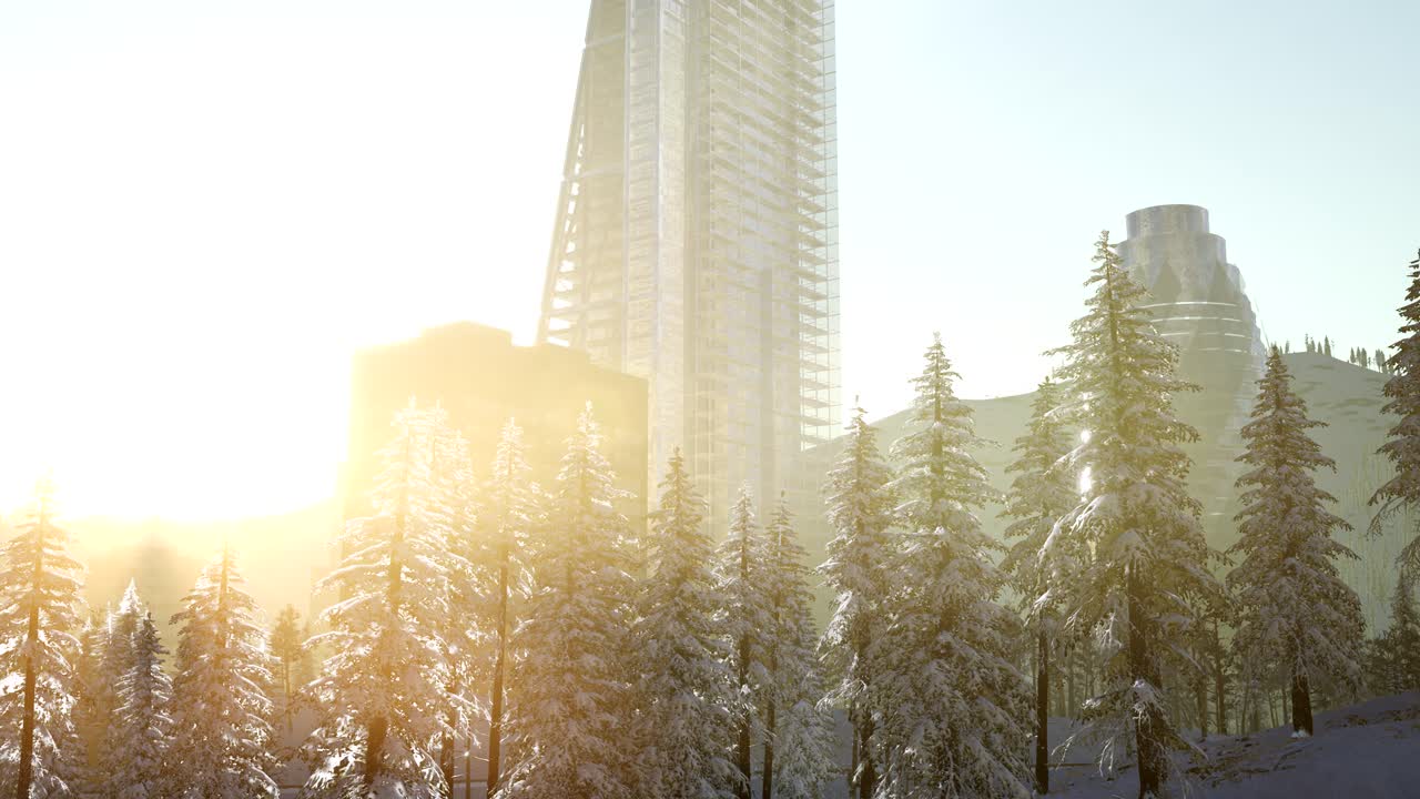 cidade e floresta na neve ao nascer do sol