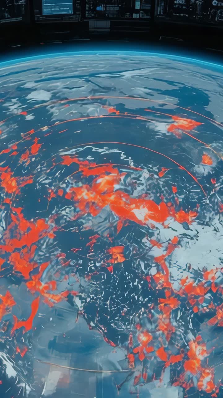 Vertical video: Rotating holographic globe shifting red data clusters on data feed in control room