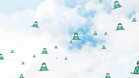 animación de la red de conexiones con las personas iconos sobre nubes en el cielo