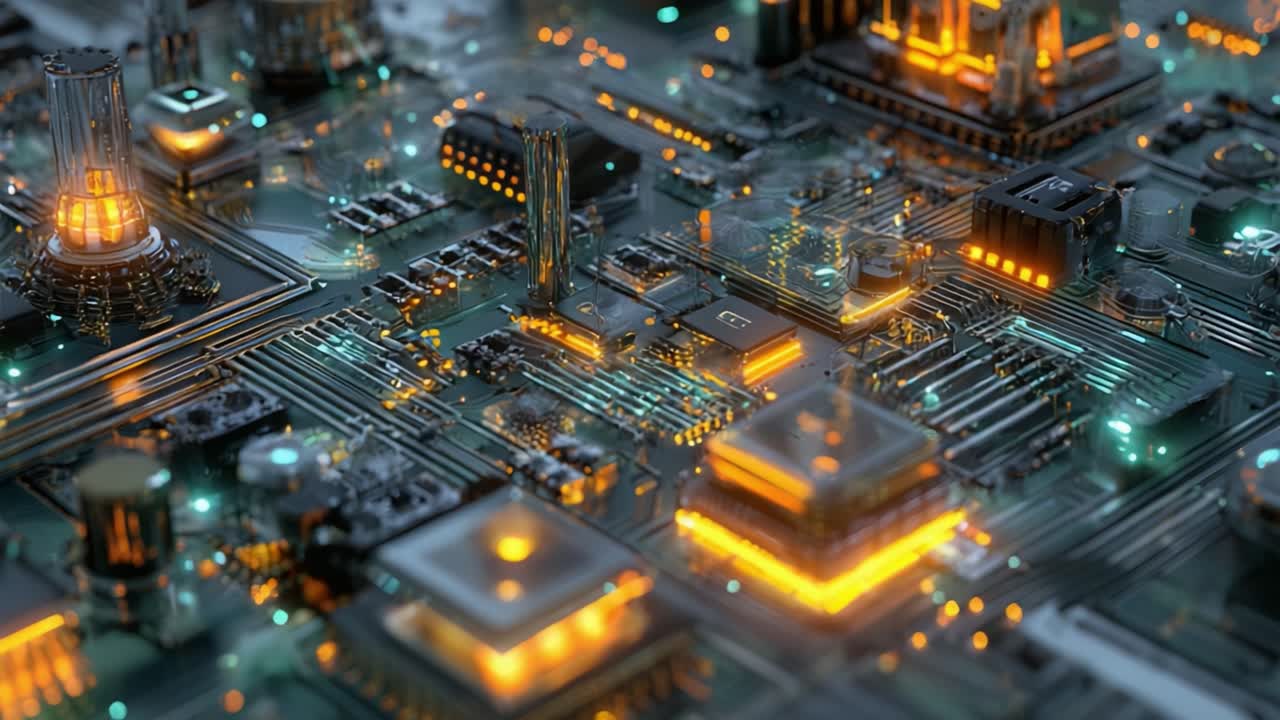 A Stunning Close-Up of a High-Tech Circuit Board Illuminated with Glowing Lights, Showcasing Complex Patterns and Advanced Technology in Modern Electronics