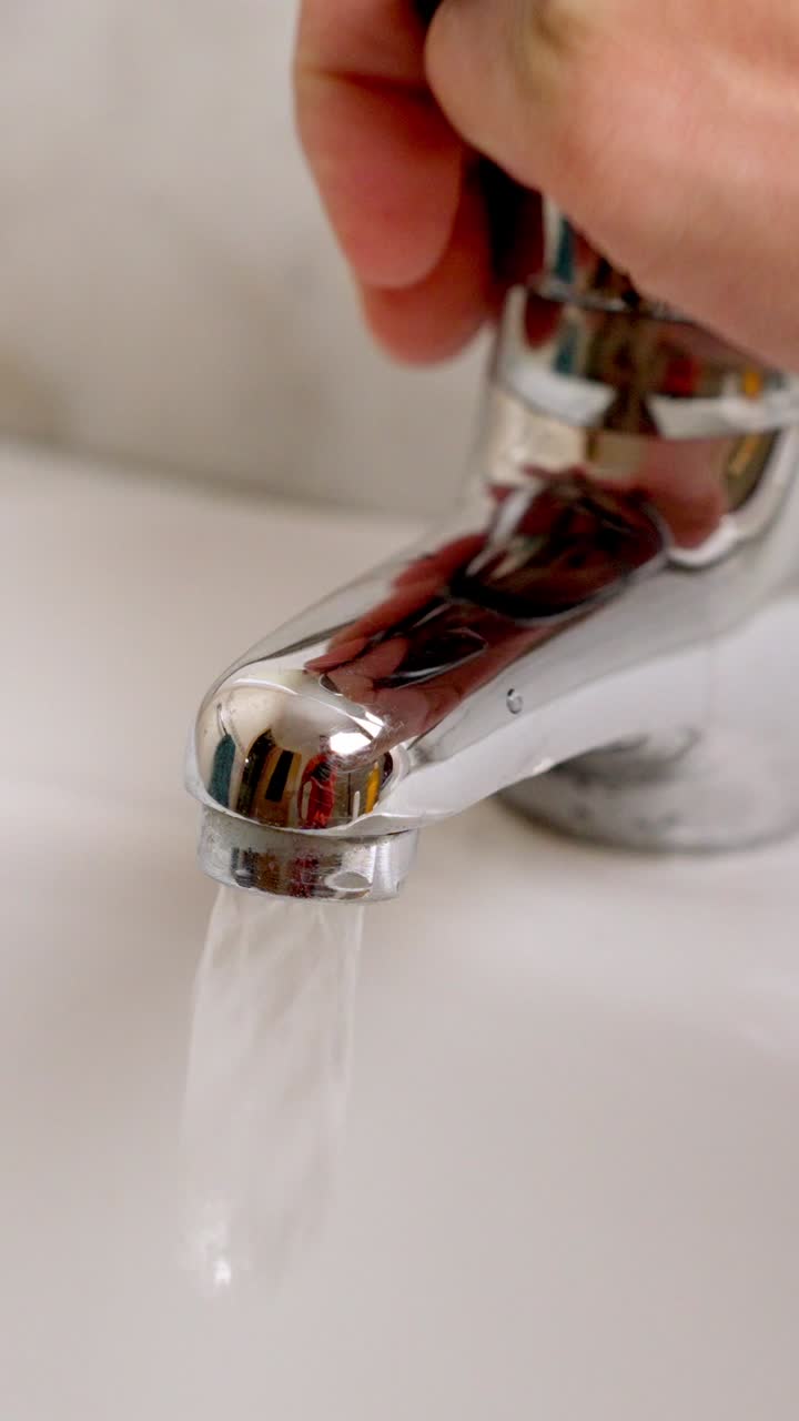 Mano che apre e chiude il rubinetto dell'acqua nel lavandino del bagno