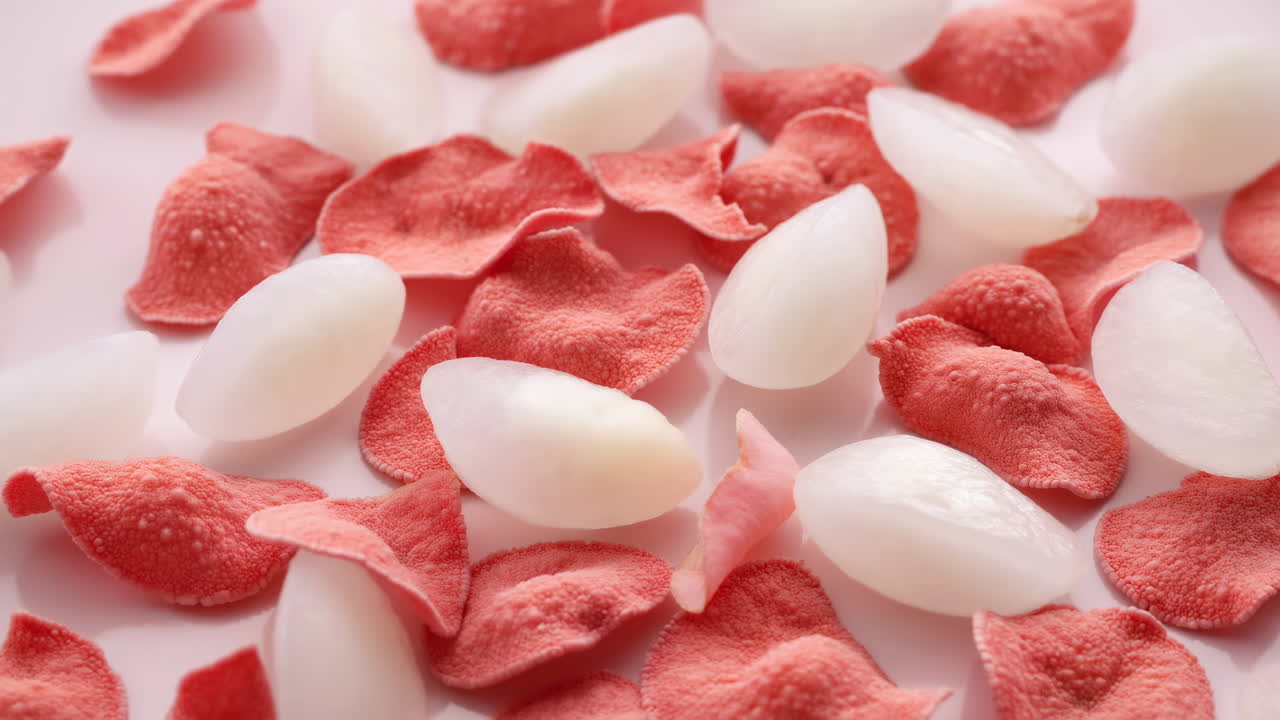 Närbild på skalad litchifrukt och rosa texturerade kronblad.