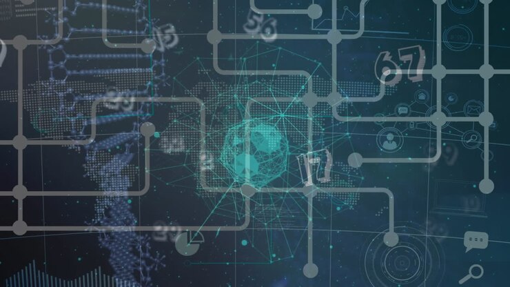 Animation of network of connections with globe over blue background