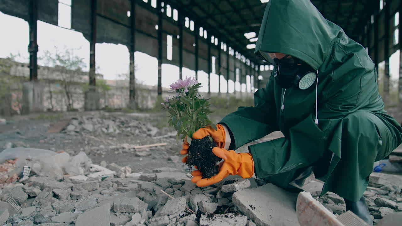 Researcher in protective suit and mask. Man in protective suit inside abandoned factory