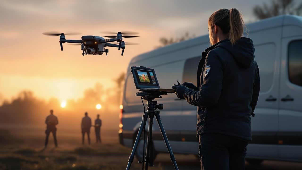 Female drone operator dressed in a dark jacket is focused on controlling a drone with a monitor, while a group of people is visible in the background, creating a dynamic outdoor scene