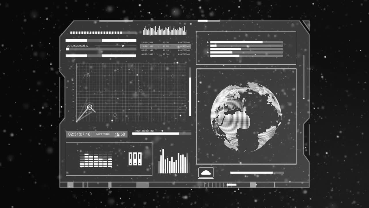 Data pulse initiating HUD console, populating left grid, rotating globe, updating for monitoring