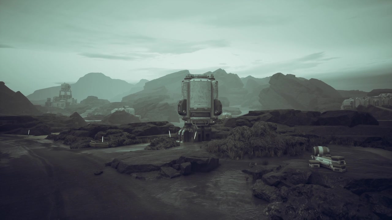 Single landing vehicle depicted on fractured planetary landscape