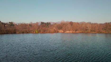 wavy lake with vibrant autumnal dense trees against blue sky on sunset during late winter