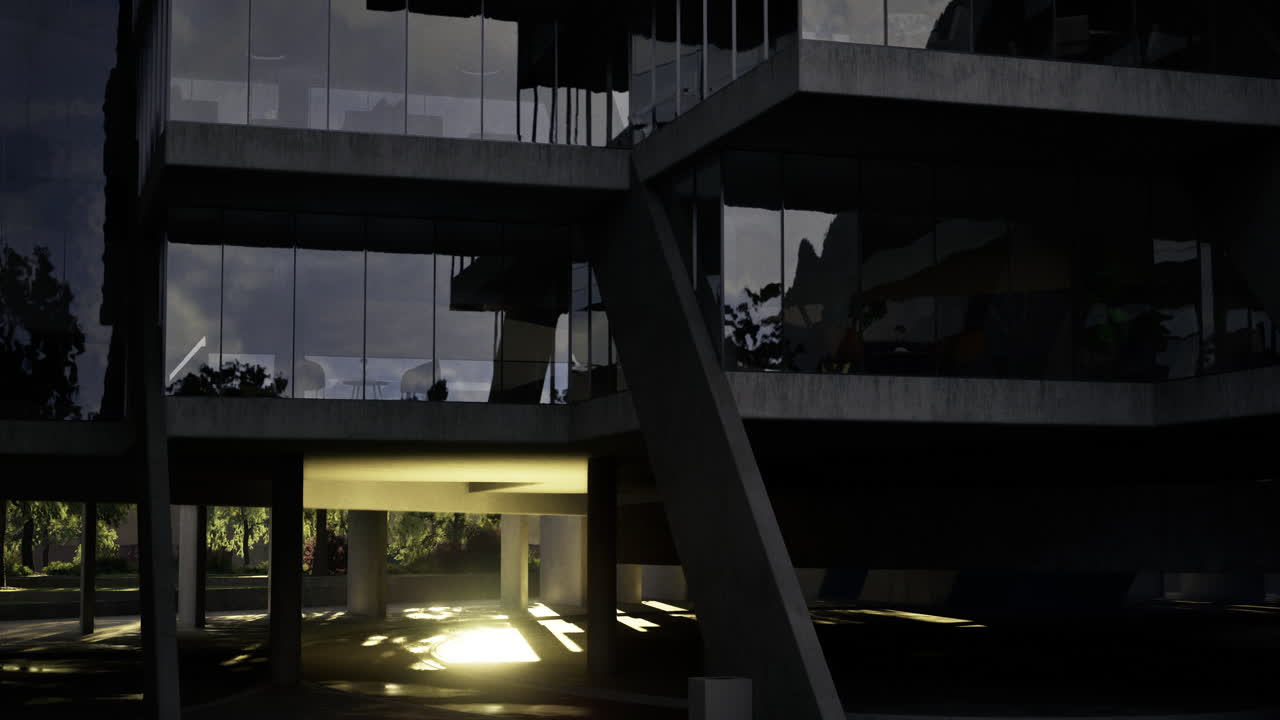 Modern architectural structure with reflective glass and vivid lighting at dusk