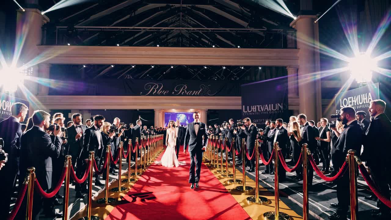Wide-angle shot of a glamorous red carpet event, with elegant attendees lining the path