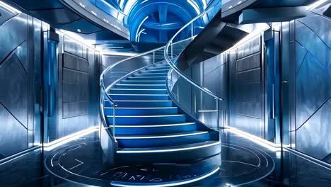 a spiral staircase in a futuristic building with blue lights