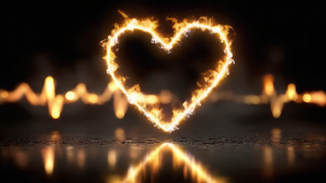 Uno spettacolo affascinante di un cuore avvolto dalle fiamme, che simboleggia passione, amore e l'intensità delle emozioni, riflessa attraverso una presentazione visiva accattivante