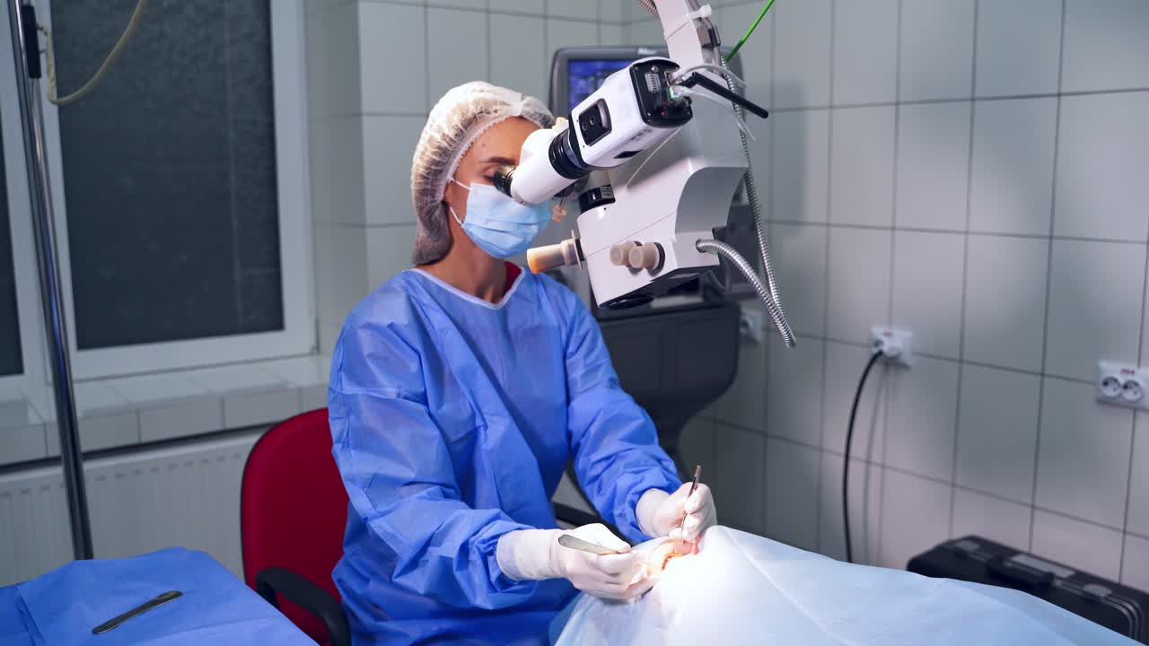 Cataract patients during operation. Ophtalmology surgeons with ophtalomological surgery tools during surgical treatment