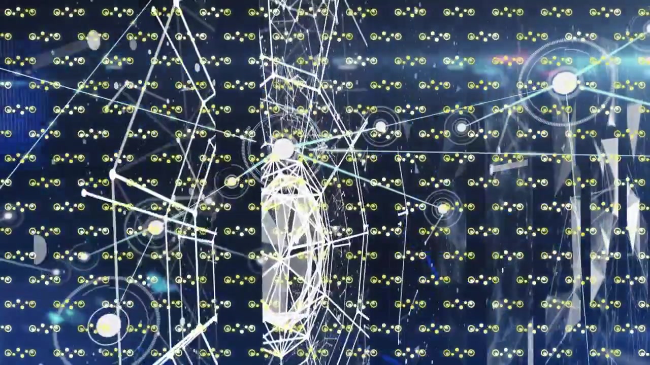 Animation eines Netzwerks, das Punkte mit blauen Neonlinien und einem abstrakten Muster auf einer digitalen Oberfläche verbindet.