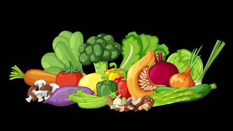 a vibrant digital animation of assorted vegetables arranged on a black background, with smooth transitions and a static camera for a clean, modern look