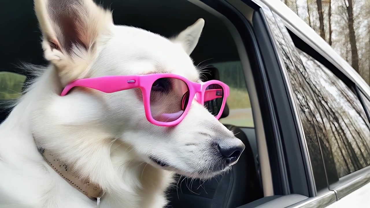 White Dog Wearing Pink Sunglasses Looking Out of Car Window