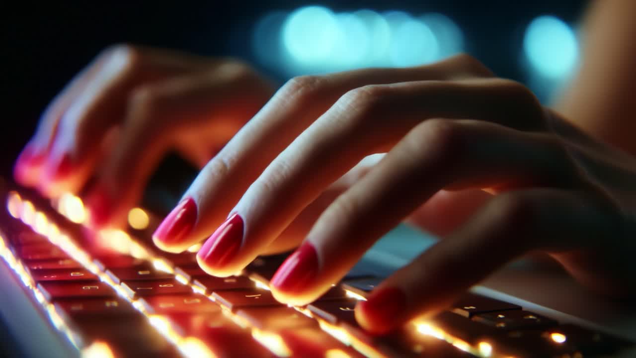 An Intriguing Close-up of a Hand Typing on a Vibrantly Illuminated Keyboard, Showcasing the Beautiful Contrast of Colorful Lights and Elegantly Painted Nails in a Modern Digital Environment