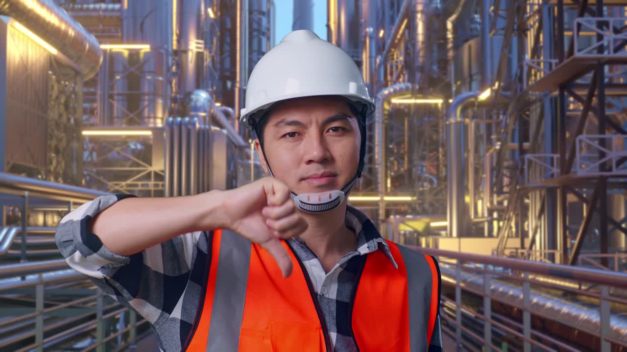 Close Up Of Asian Male Engineer With Safety Helmet Showing Thumbs Down Gesture And Shaking His Head While Standing At A Vast Oil Refinery