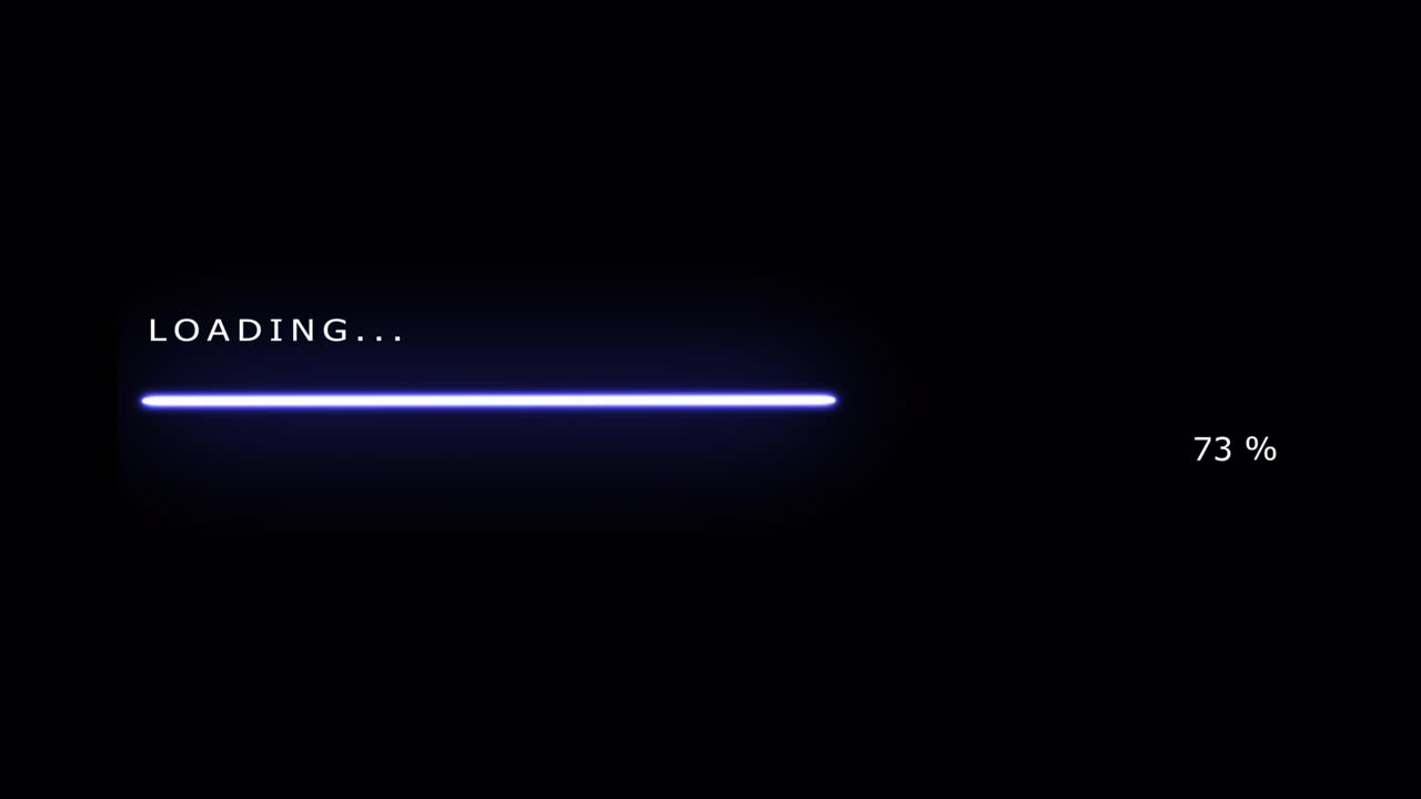 Loading bar blue light animation. Futuristic progress loading bar 0-100 percent on black background.
