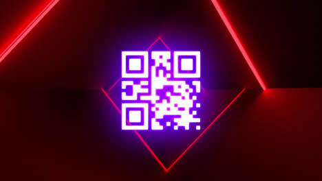 Digitale-Animation-Eines-Leuchtenden-QR-Codes-Vor-Einem-Leuchtenden-Neonroten-Tunnel-Auf-Schwarzem-Hintergrund