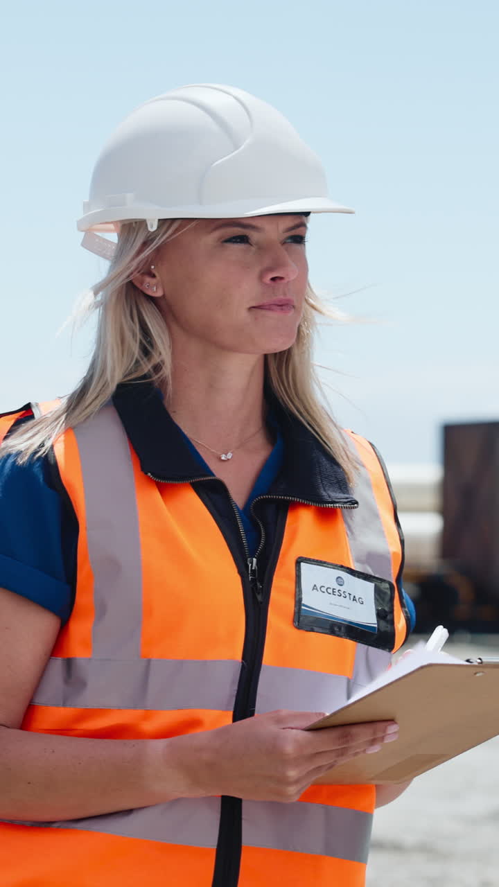 Female Engineer in Hard Hat and Safety Vest Writing on Clipboard