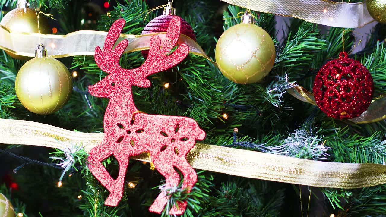 금과 빨간 장식품과 박이는 불빛으로 아름다운 크리스마스 트리