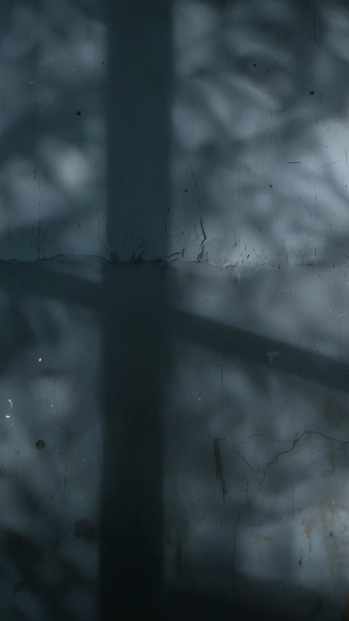 Vídeo vertical: sombras de galhos se movendo e cruzando a moldura da janela em um quarto com luz externa mostrando pontos de luz