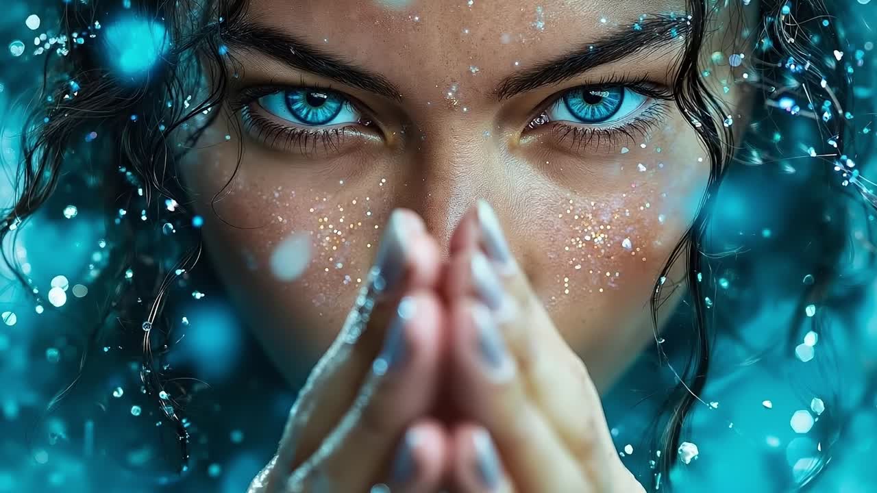 A woman with blue eyes and a blue background