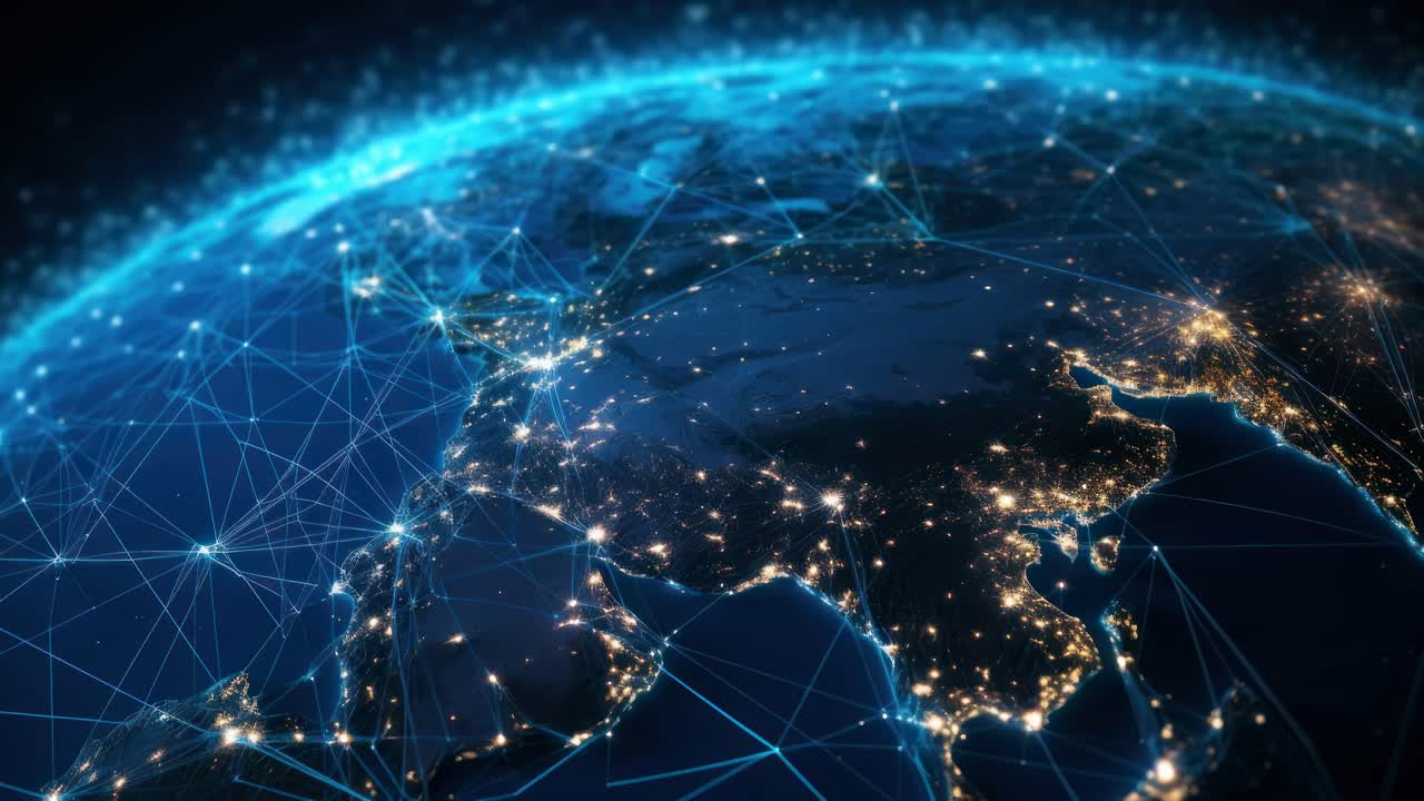 Aerial video concept of Earth at night with glowing network lines, showcasing connectivity