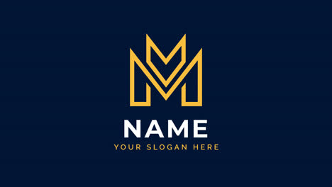 dark blue solid color background and gold logo with letter m