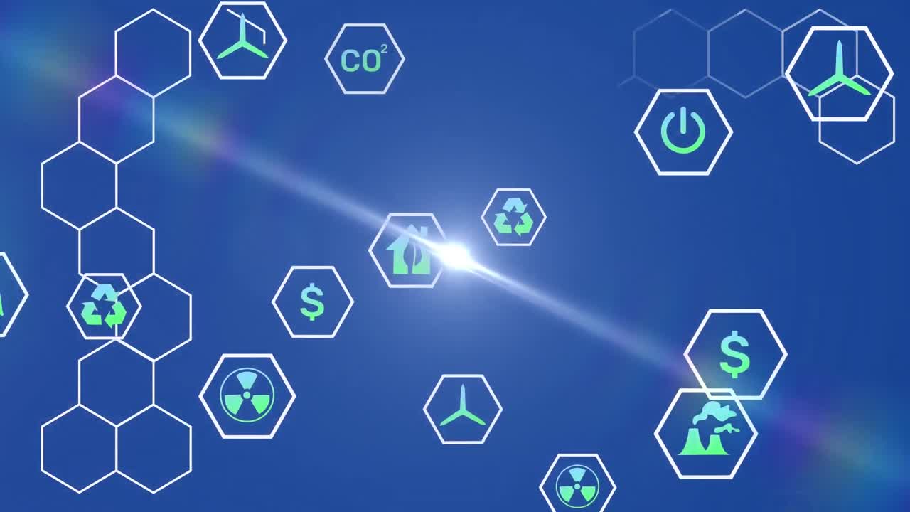 animación de un punto de luz sobre múltiples iconos digitales y formas hexagonales contra un fondo azul