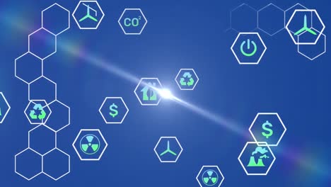 animation of light spot over multiple digital icons and hexagonal shapes against blue background