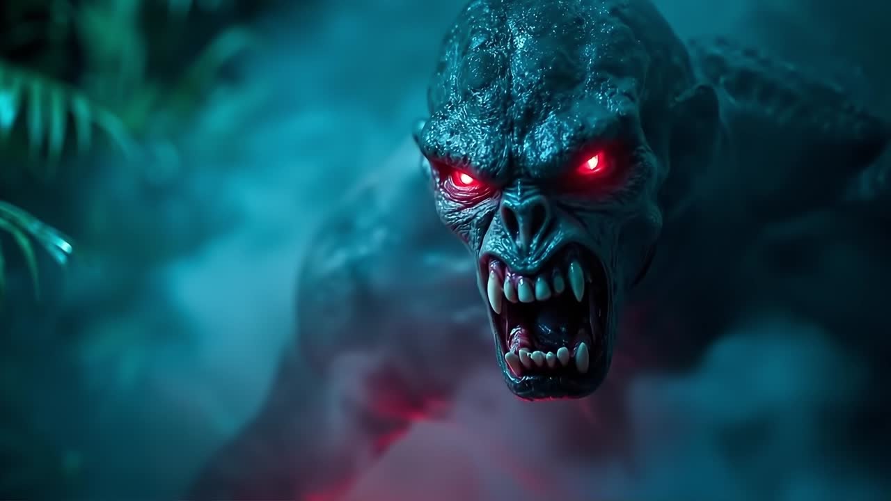 A close up of a monster with red eyes in the dark