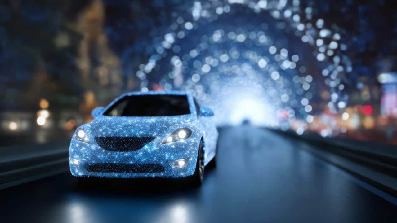 Un'auto futuristica costruita con luci scintillanti guida attraverso un tunnel illuminato abbagliante, creando un'esperienza visiva ipnotica di movimento ed energia