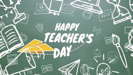 Animation-of-happy-teacher's-day-over-school-items-icons-on-green-background