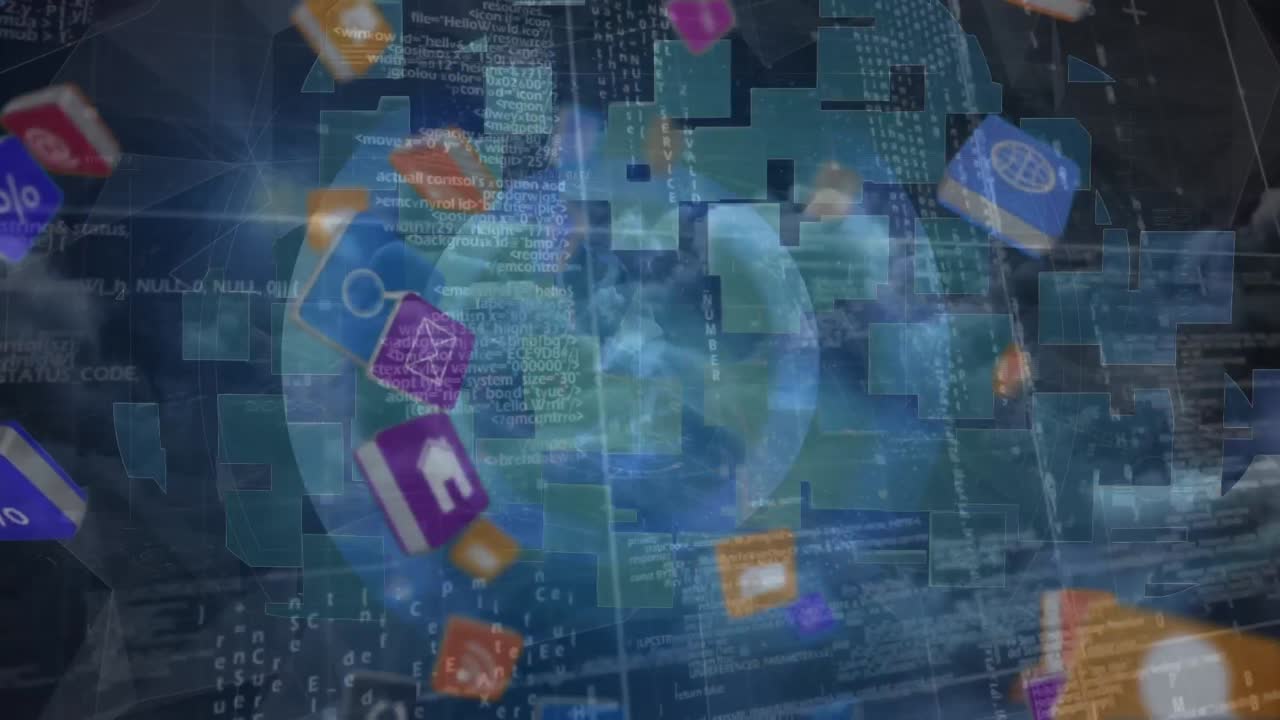 Animation of data processing and digital icons over grid
